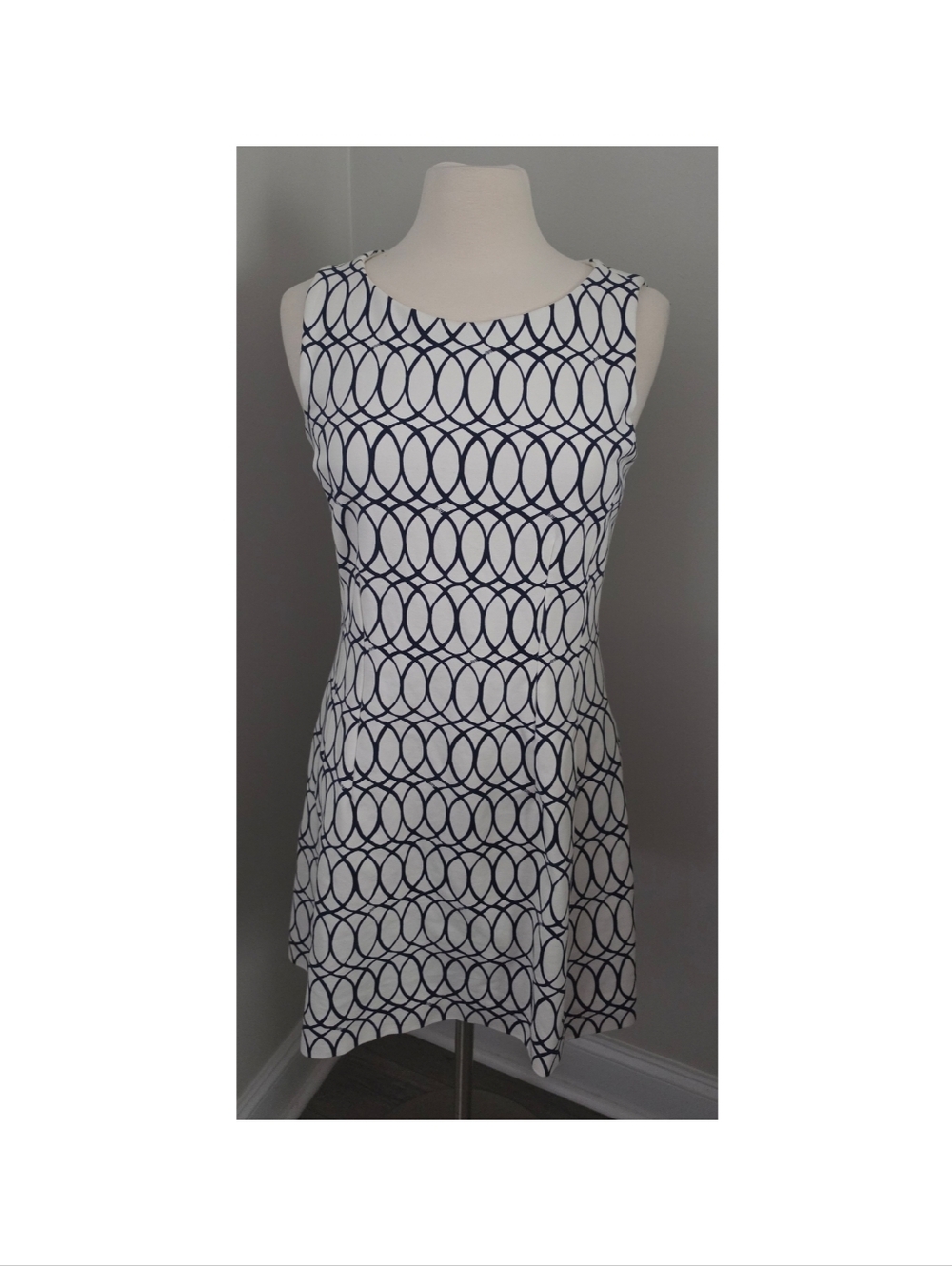 Lilly Pulitzer Ponte Knit Fit & Flare Dress Lined Navy Off White Geometric LARGE
